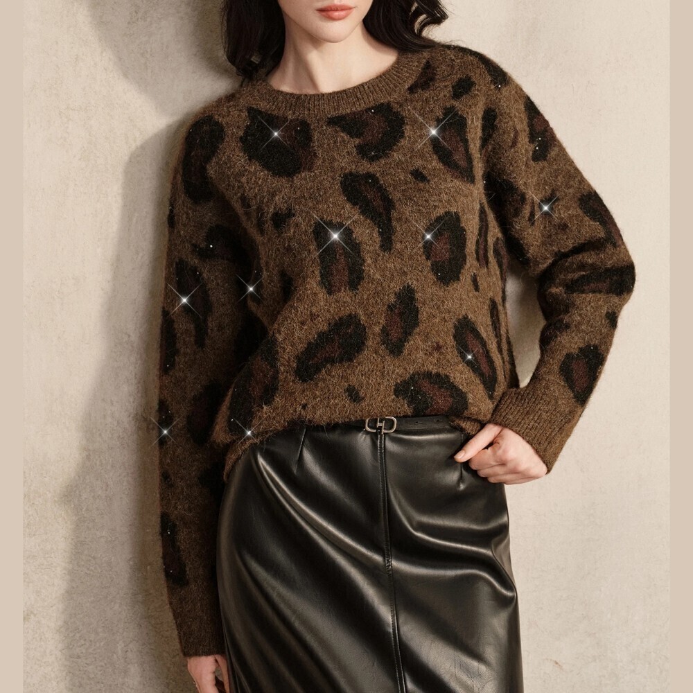 Brown Leopard Pattern Knit Sweater with Sparkle Accents